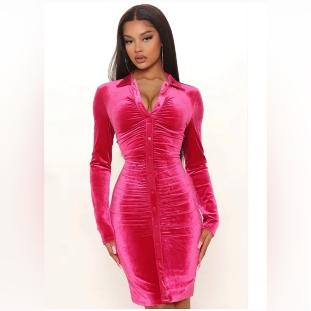 Fashion Nova Magenta Velvet Long Sleeve Dress